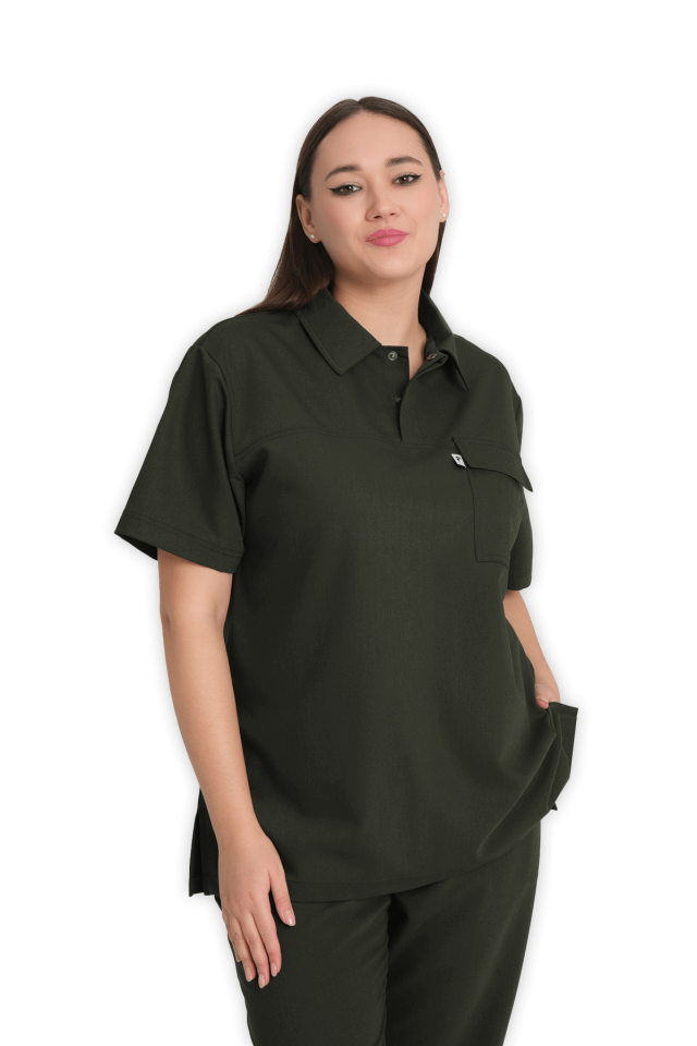 Kadın Haki Polo Yaka Scrubs Üst