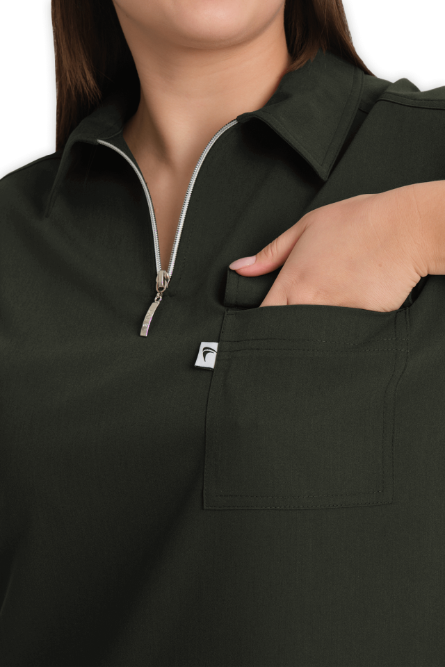 Kadın Haki Polo Yaka Fermuarlı Scrubs Üst