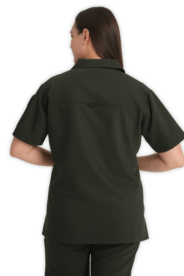 Kadın Haki Polo Yaka Fermuarlı Scrubs Üst