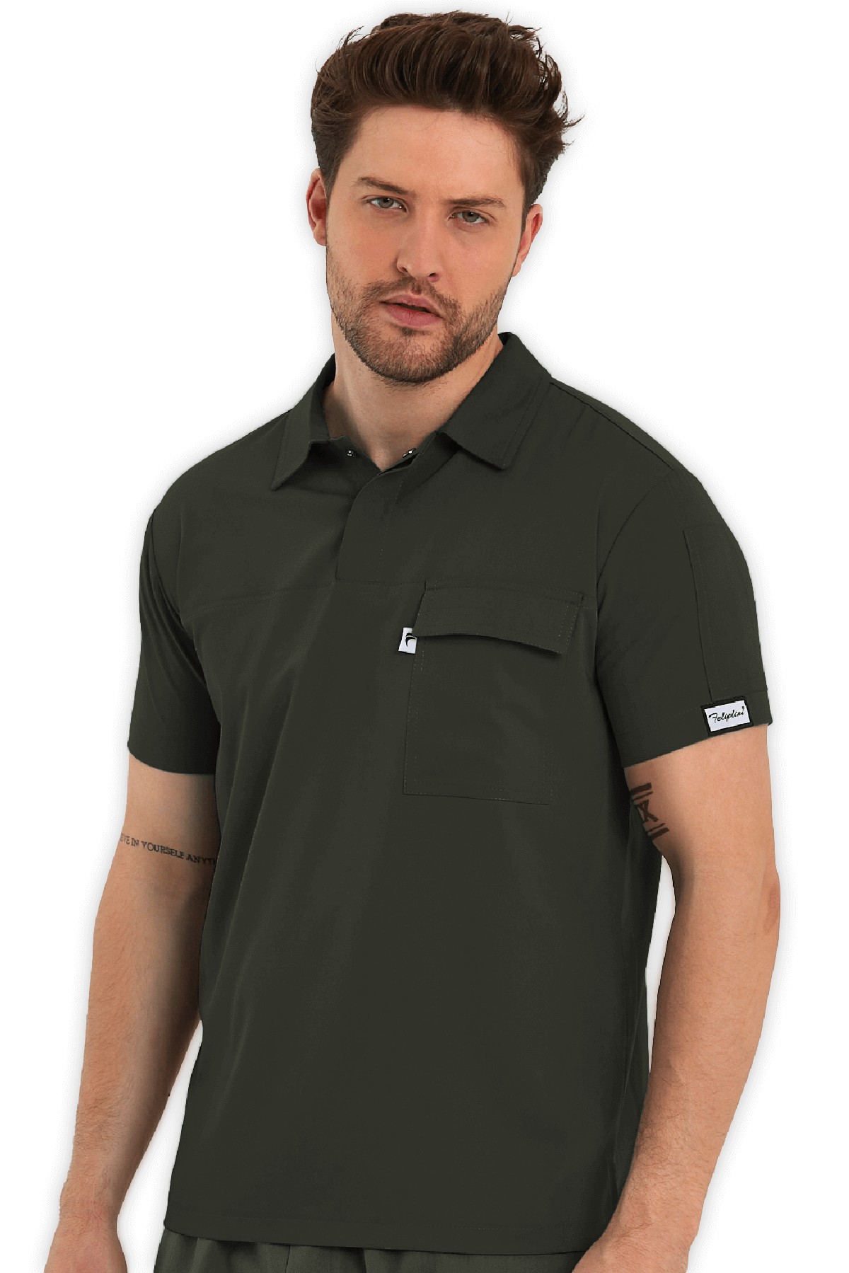 Erkek Haki Polo Yaka Scrubs Üst
