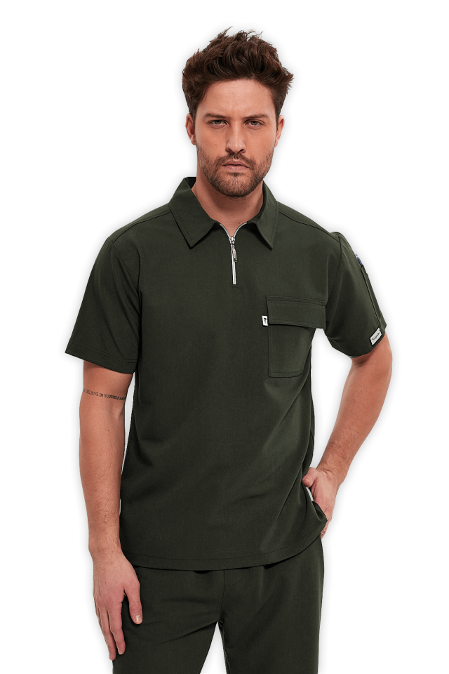Erkek Haki Polo Yaka Fermuarlı Scrubs Üst