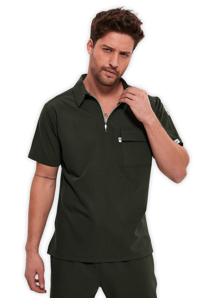 Erkek Haki Polo Yaka Fermuarlı Scrubs Üst