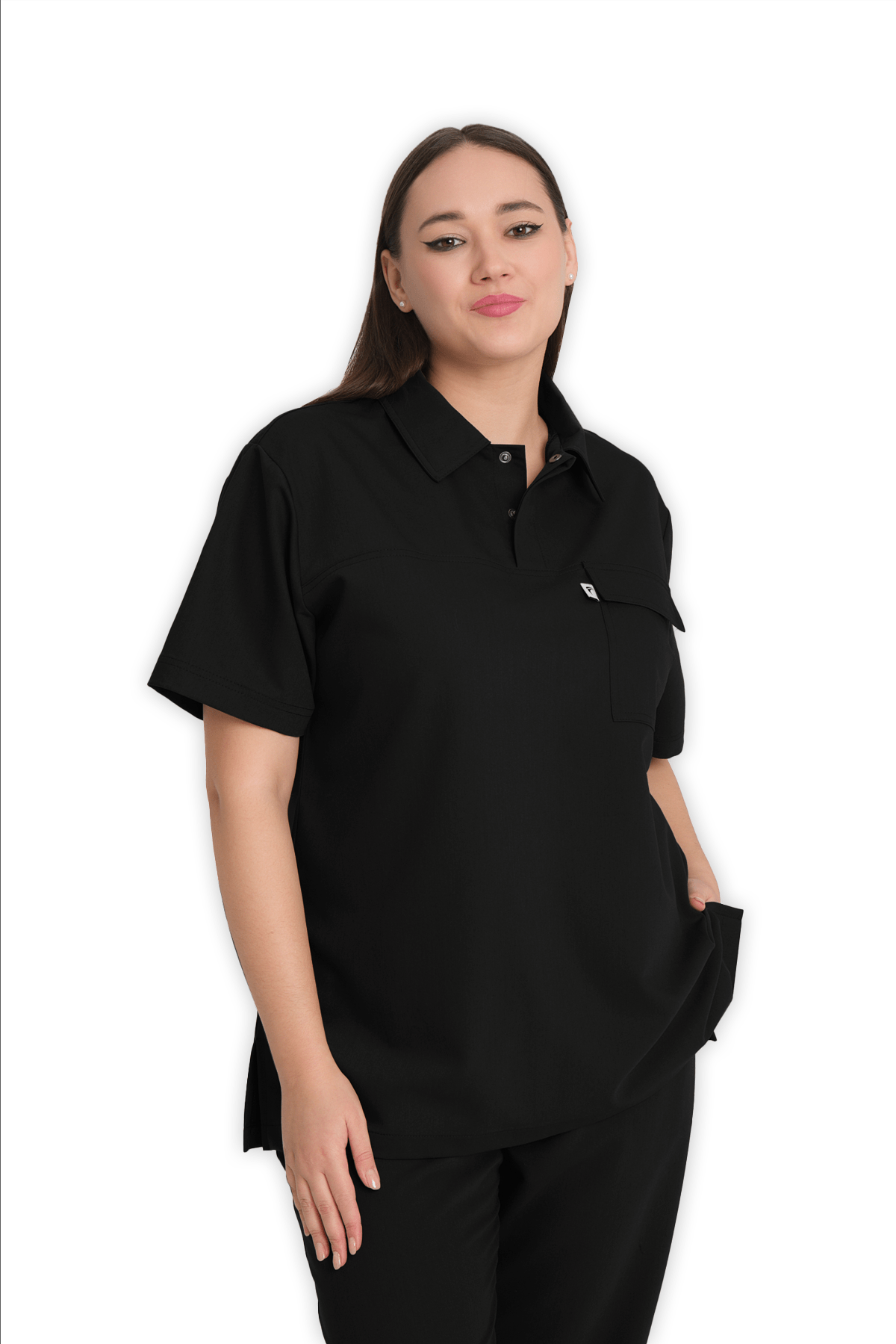 Kadın Siyah Polo Yaka Scrubs Üst