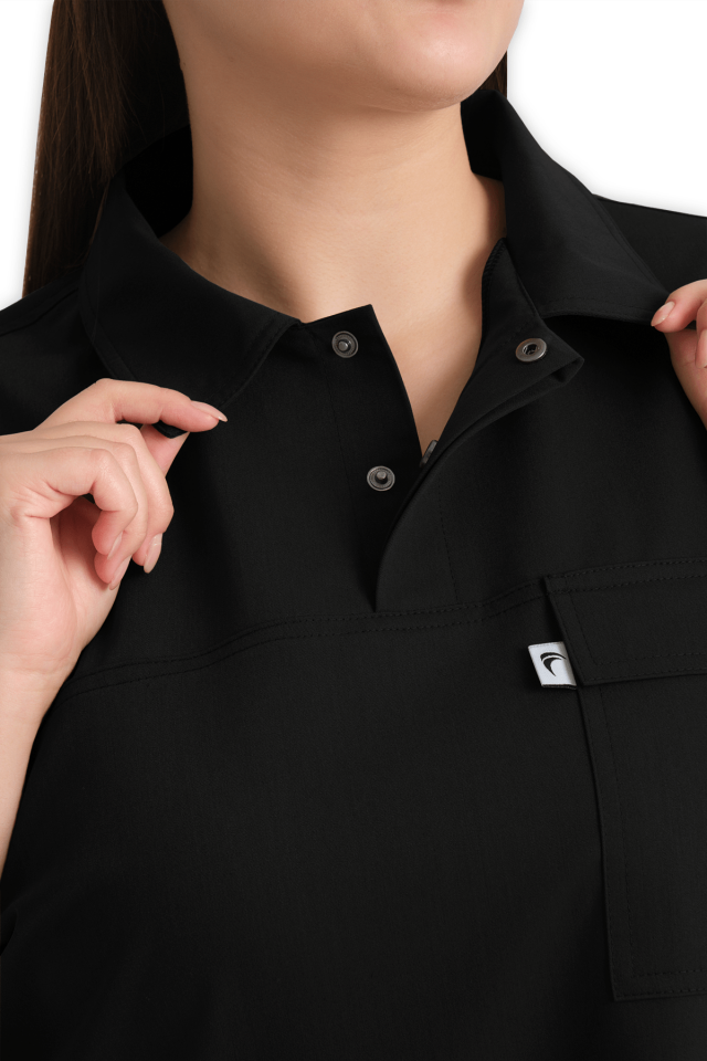 Kadın Siyah Polo Yaka Scrubs Üst