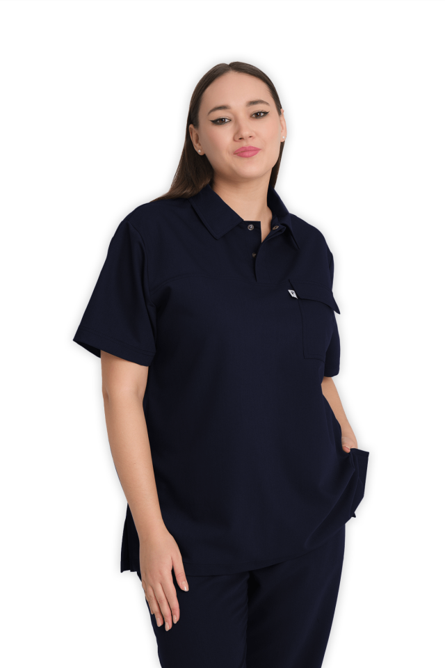 Kadın Lacivert Polo Yaka Scrubs Üst