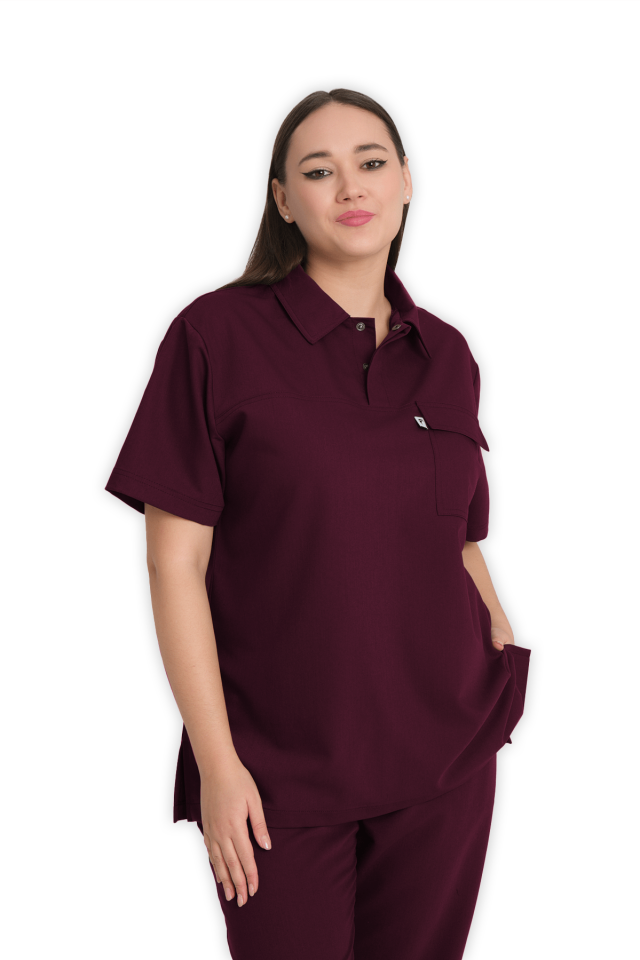 Kadın Bordo Polo Yaka Scrubs Üst