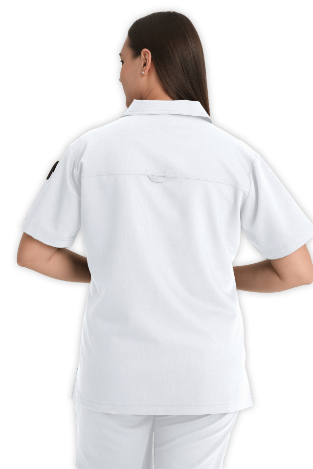 Kadın Beyaz Polo Yaka Fermuarlı Scrubs Üst