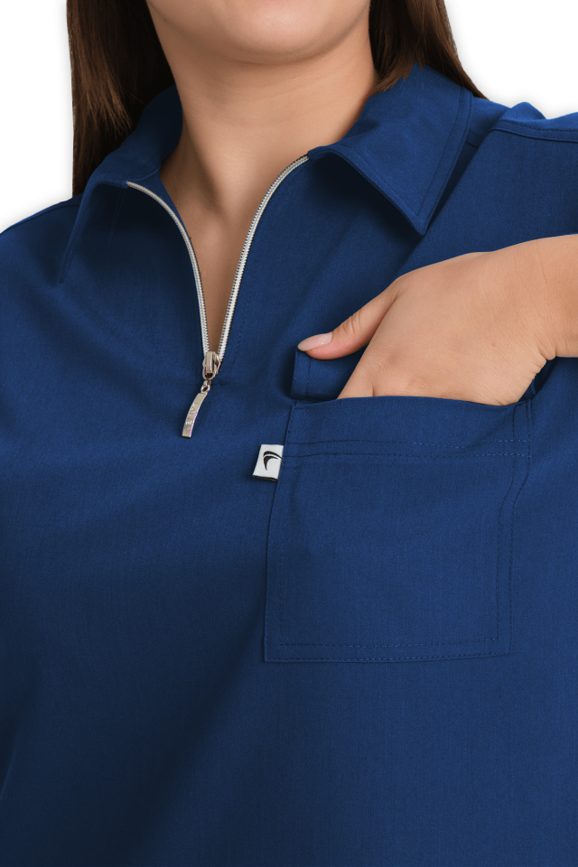 Kadın Petrol Mavisi Polo Yaka Fermuarlı Scrubs Üst