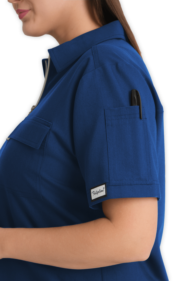 Kadın Petrol Mavisi Polo Yaka Fermuarlı Scrubs Üst