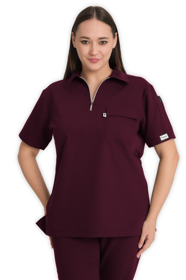 Kadın Bordo Polo Yaka Fermuarlı Scrubs Üst