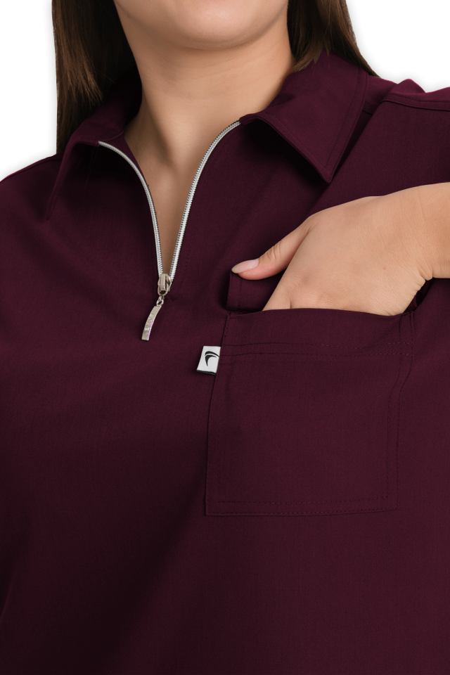Kadın Bordo Polo Yaka Fermuarlı Scrubs Üst