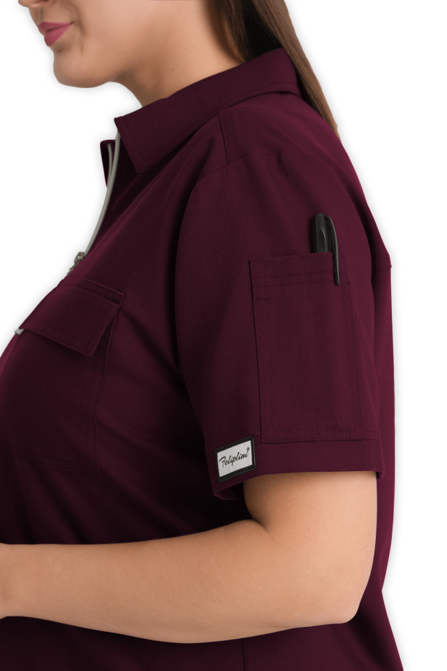 Kadın Bordo Polo Yaka Fermuarlı Scrubs Üst
