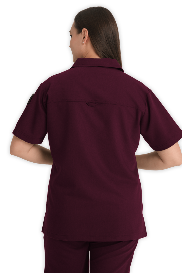 Kadın Bordo Polo Yaka Fermuarlı Scrubs Üst