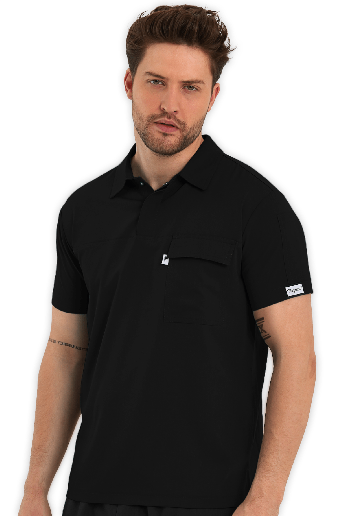 Erkek Siyah Polo Yaka Scrubs Üst