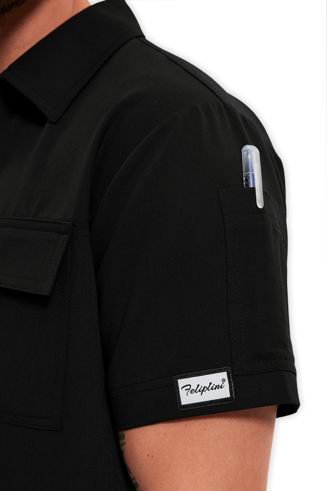 Erkek Siyah Polo Yaka Scrubs Üst