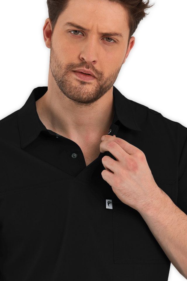 Erkek Siyah Polo Yaka Scrubs Üst