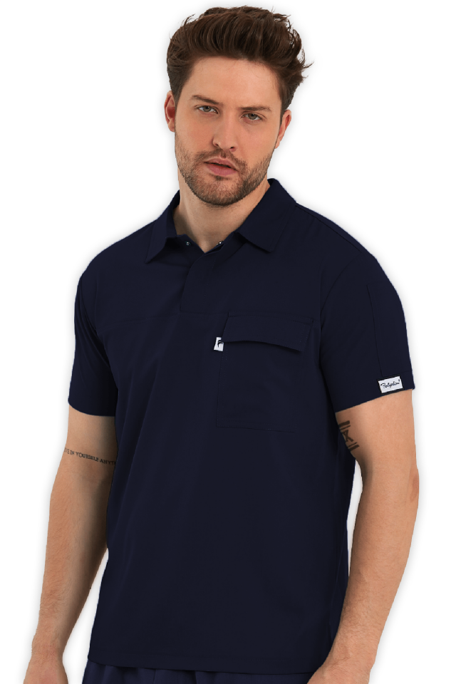 Erkek Lacivert Polo Yaka Scrubs Üst
