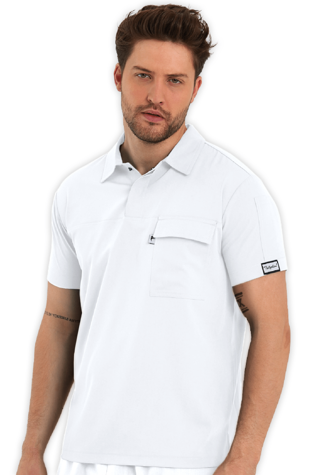 Erkek Beyaz Polo Yaka Scrubs Üst