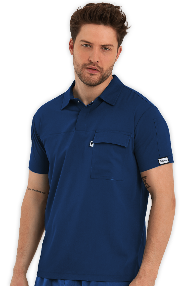 Erkek Petrol Mavisi Polo Yaka Scrubs Üst