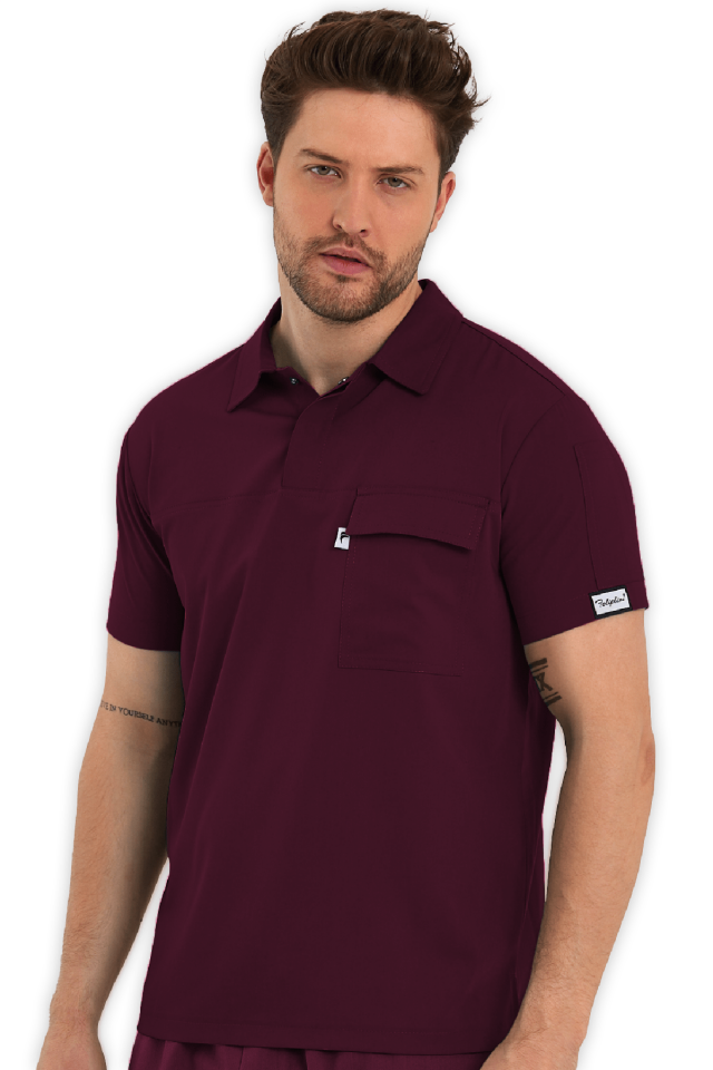 Erkek Bordo Polo Yaka Scrubs Üst