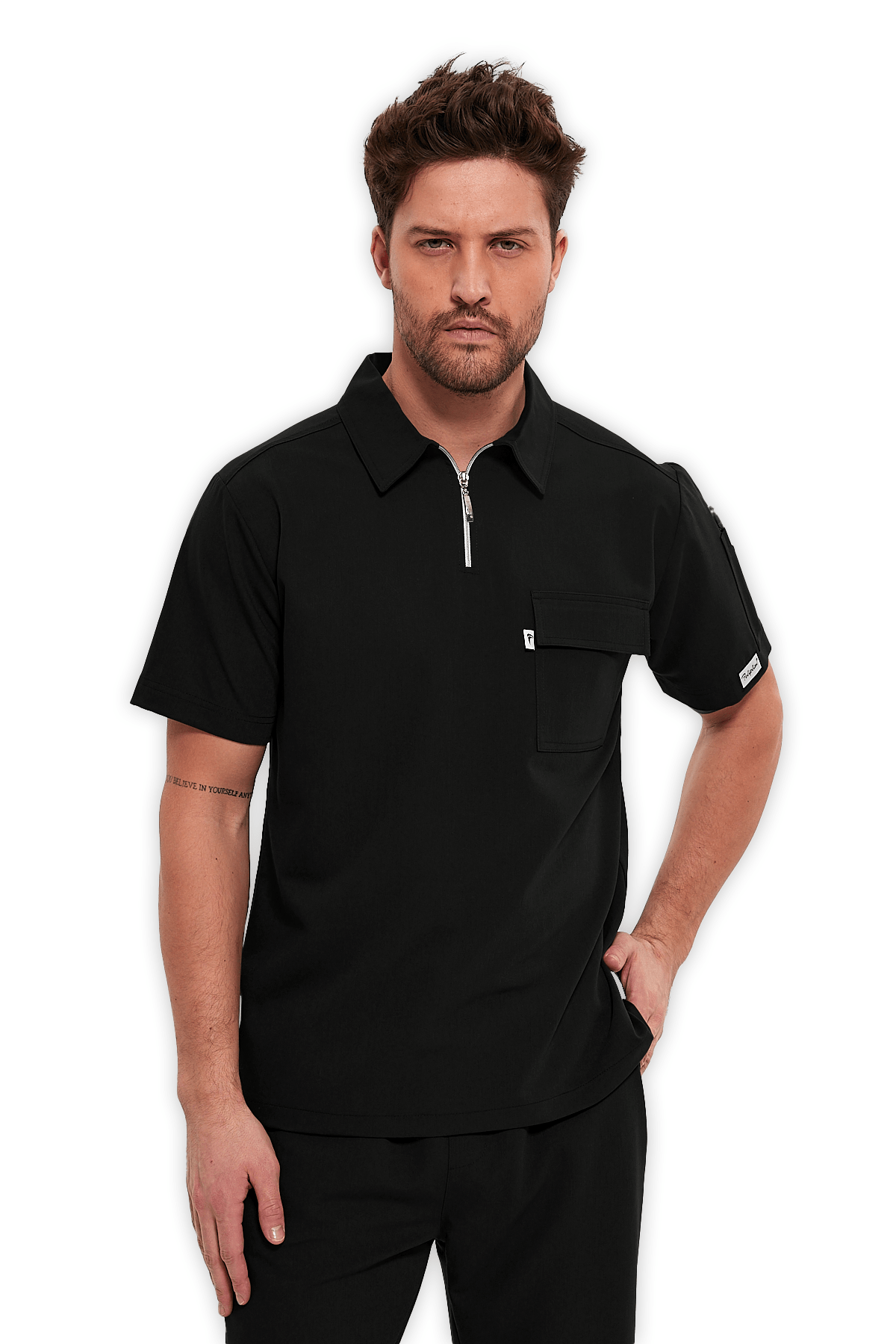 Erkek Siyah Polo Yaka Fermuarlı Scrubs Üst