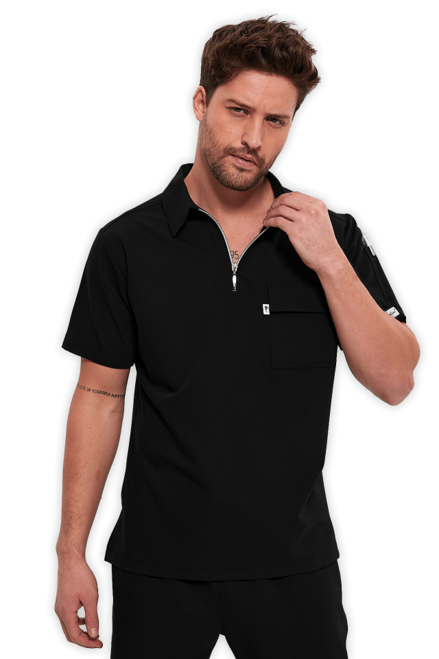 Erkek Siyah Polo Yaka Fermuarlı Scrubs Üst