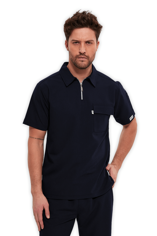 Erkek Lacivert Polo Yaka Fermuarlı Scrubs Üst