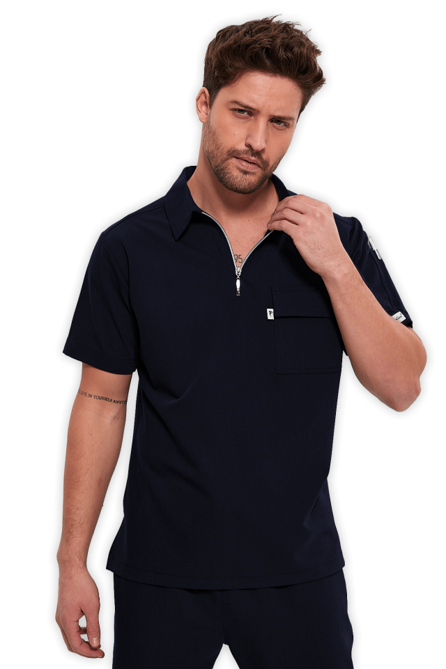 Erkek Lacivert Polo Yaka Fermuarlı Scrubs Üst