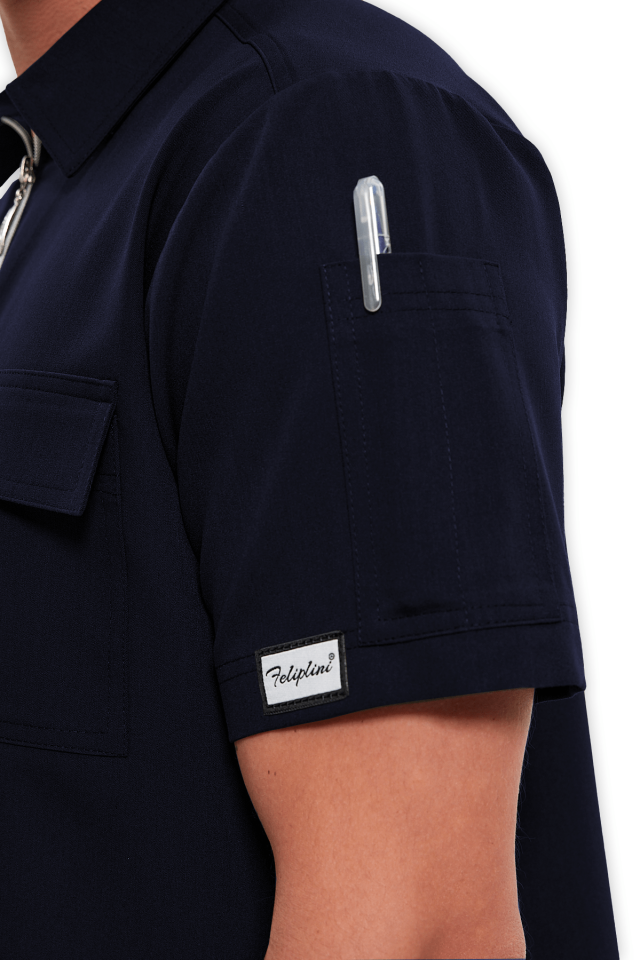Erkek Lacivert Polo Yaka Fermuarlı Scrubs Üst