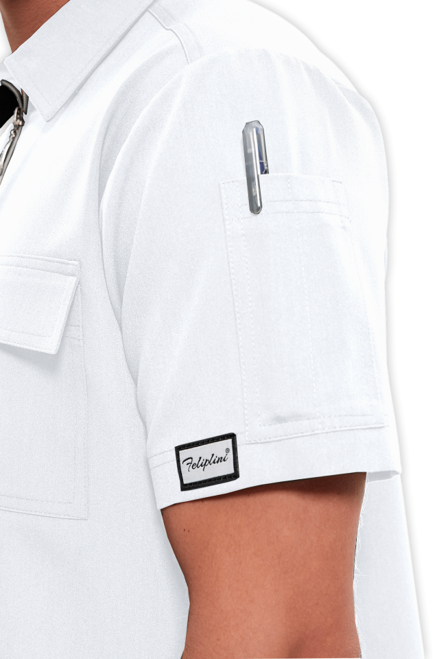 Erkek Beyaz Polo Yaka Fermuarlı Scrubs Üst