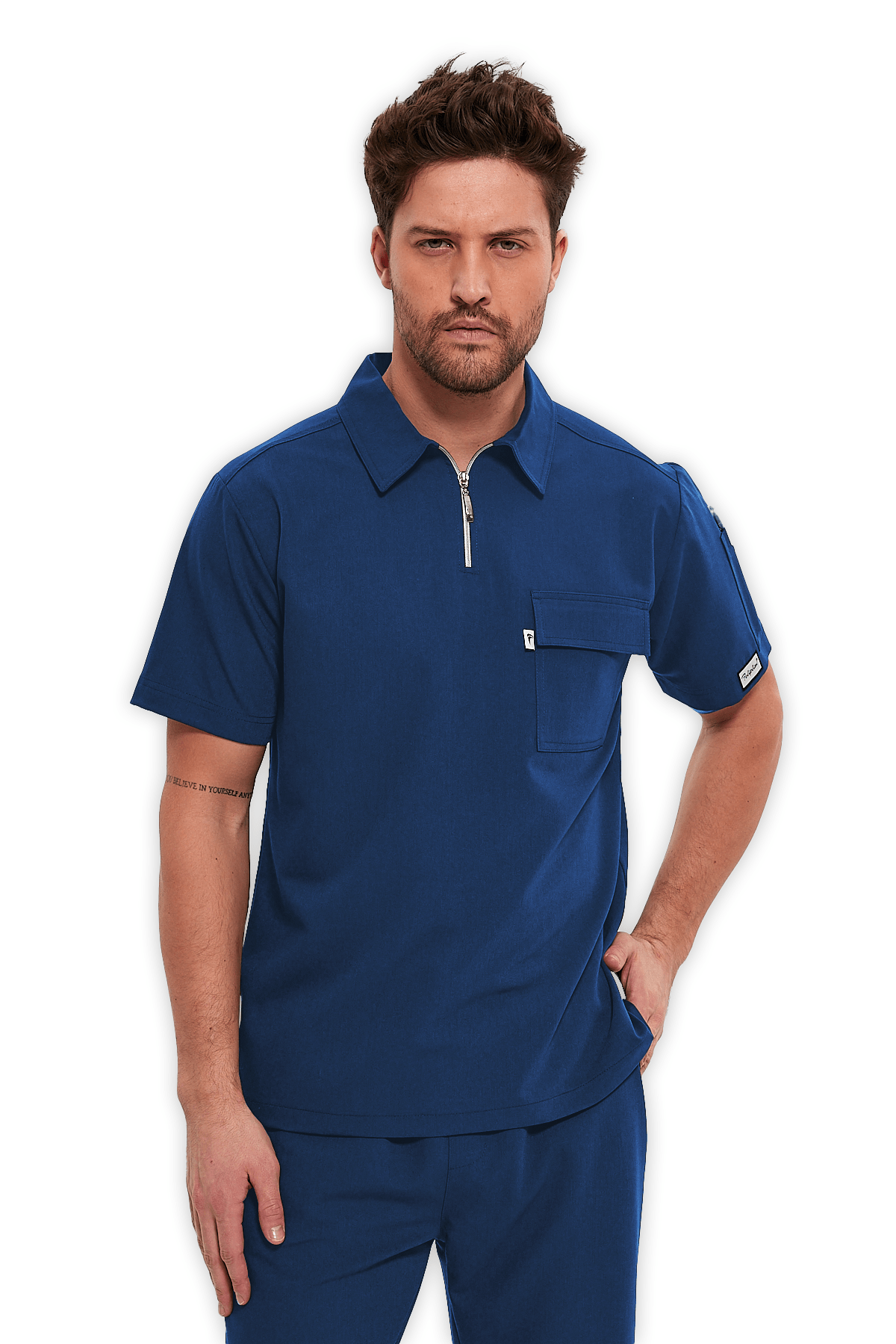 Erkek Petrol Mavisi Polo Yaka Fermuarlı Scrubs Üst