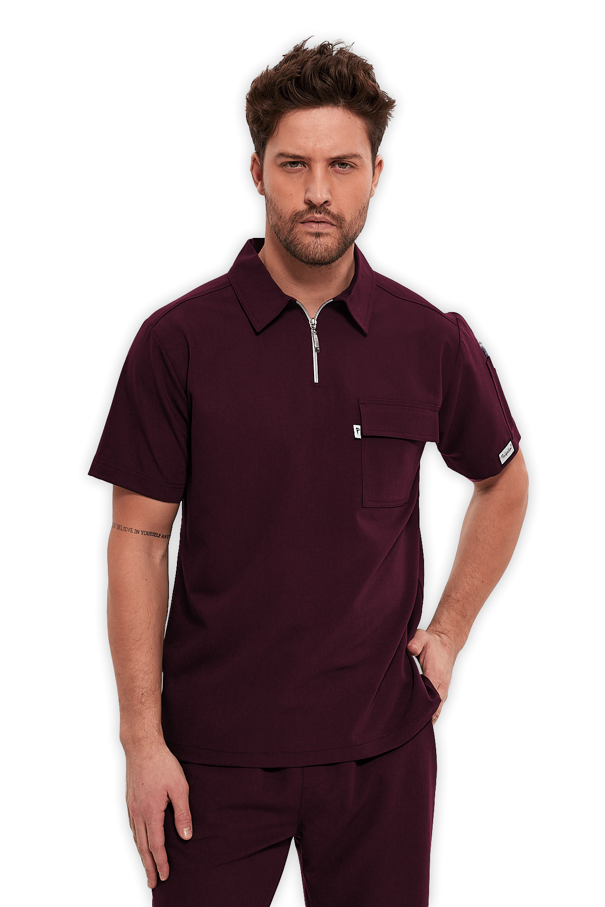 Erkek Bordo Polo Yaka Fermuarlı Scrubs Üst
