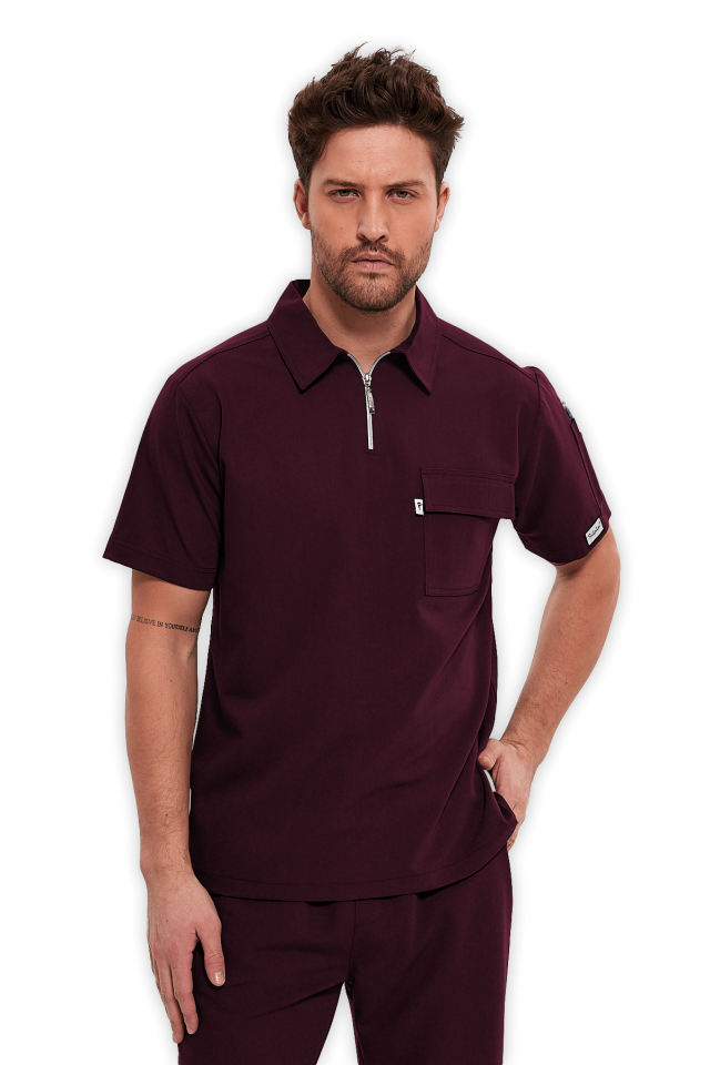 Erkek Bordo Polo Yaka Fermuarlı Scrubs Üst