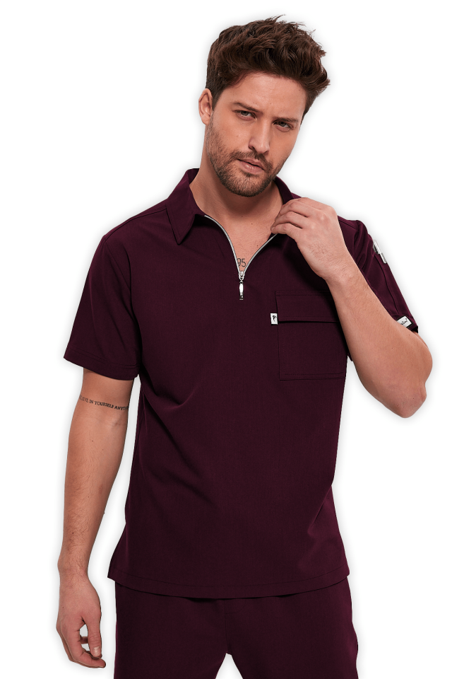 Erkek Bordo Polo Yaka Fermuarlı Scrubs Üst