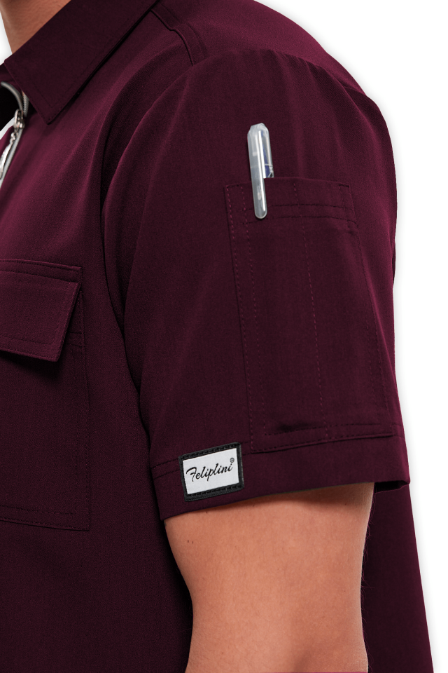 Erkek Bordo Polo Yaka Fermuarlı Scrubs Üst