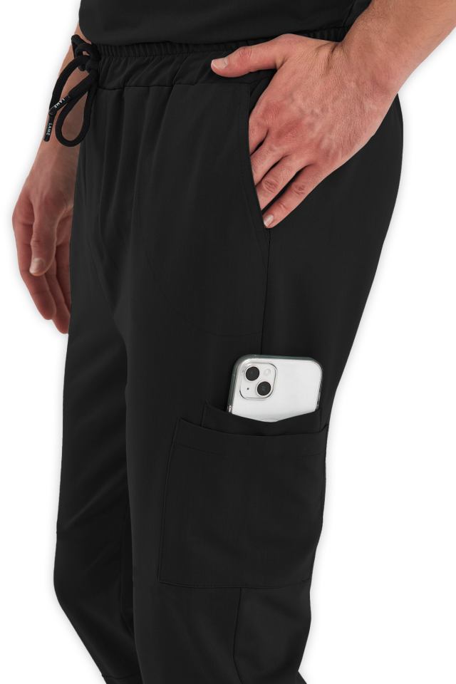 Erkek Siyah Kargo Cepli Scrubs Pantolon
